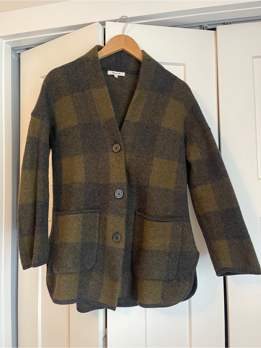 Madewell Olive and Charcoal Plaid 100% wools Coatigan